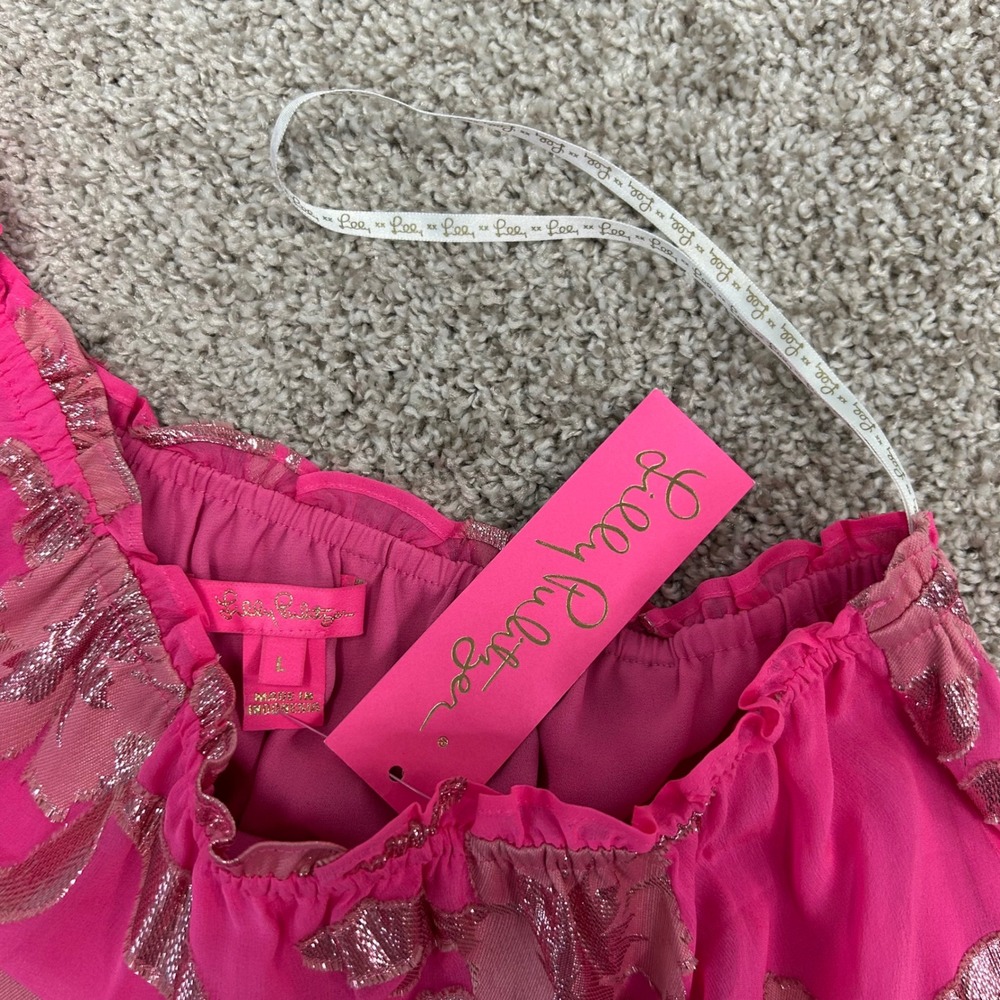 NWT Lilly Pulitzer Sarahleigh One Shoulder Top‎ Roxie Pink Women Size Large Silk - Picture 7 of 9